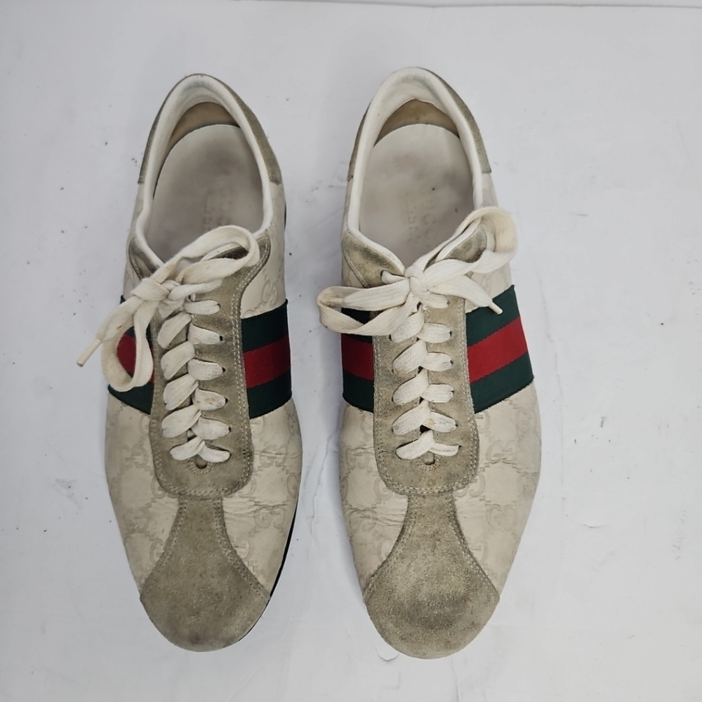 Gucci Cream Suede And Leather Web Low Top Sneakers Size 7.5 US - Picture 8 of 11